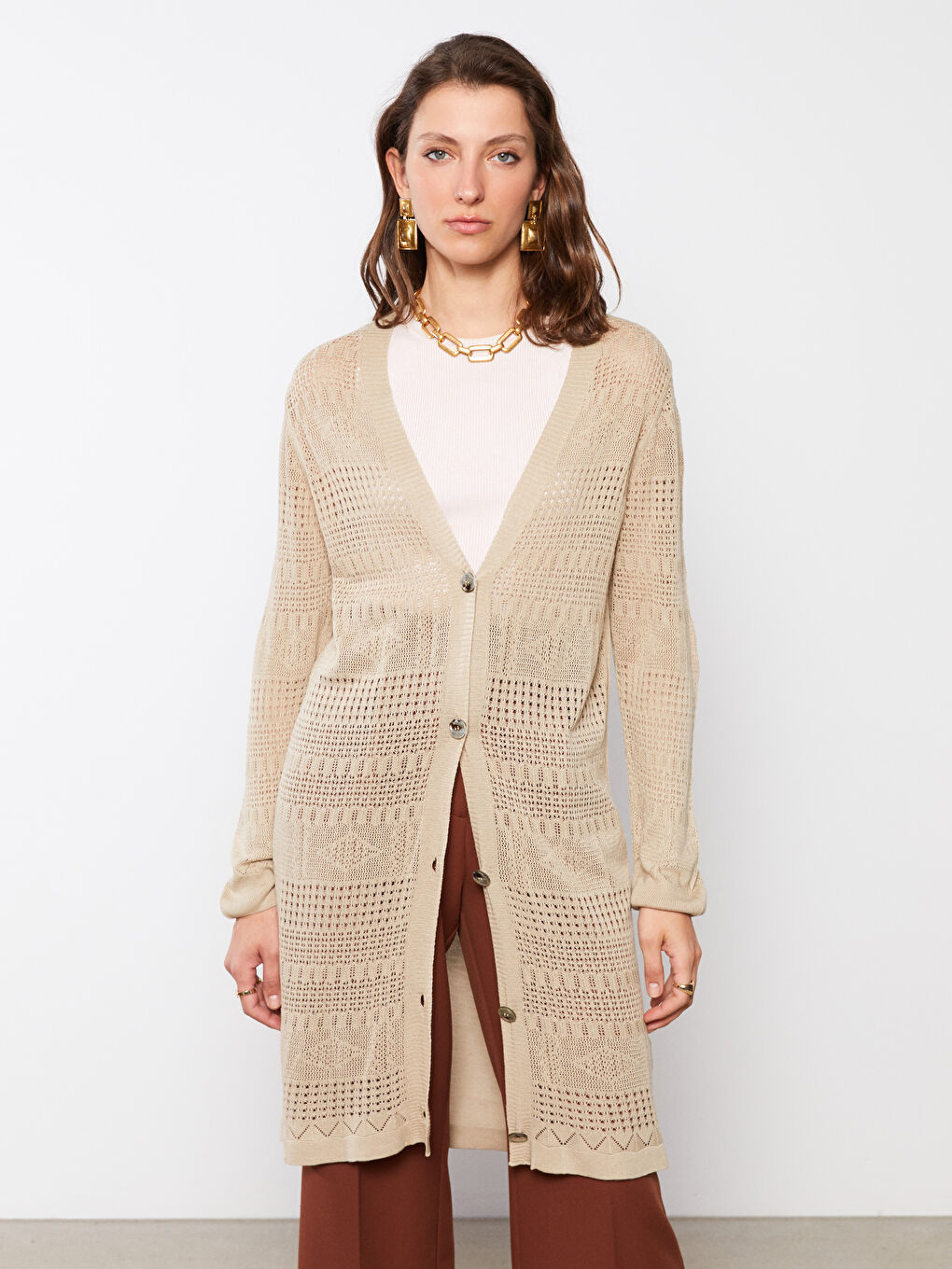 V-Neck Self Patterned Long Sleeve Women's Knitwear Cardigan-7