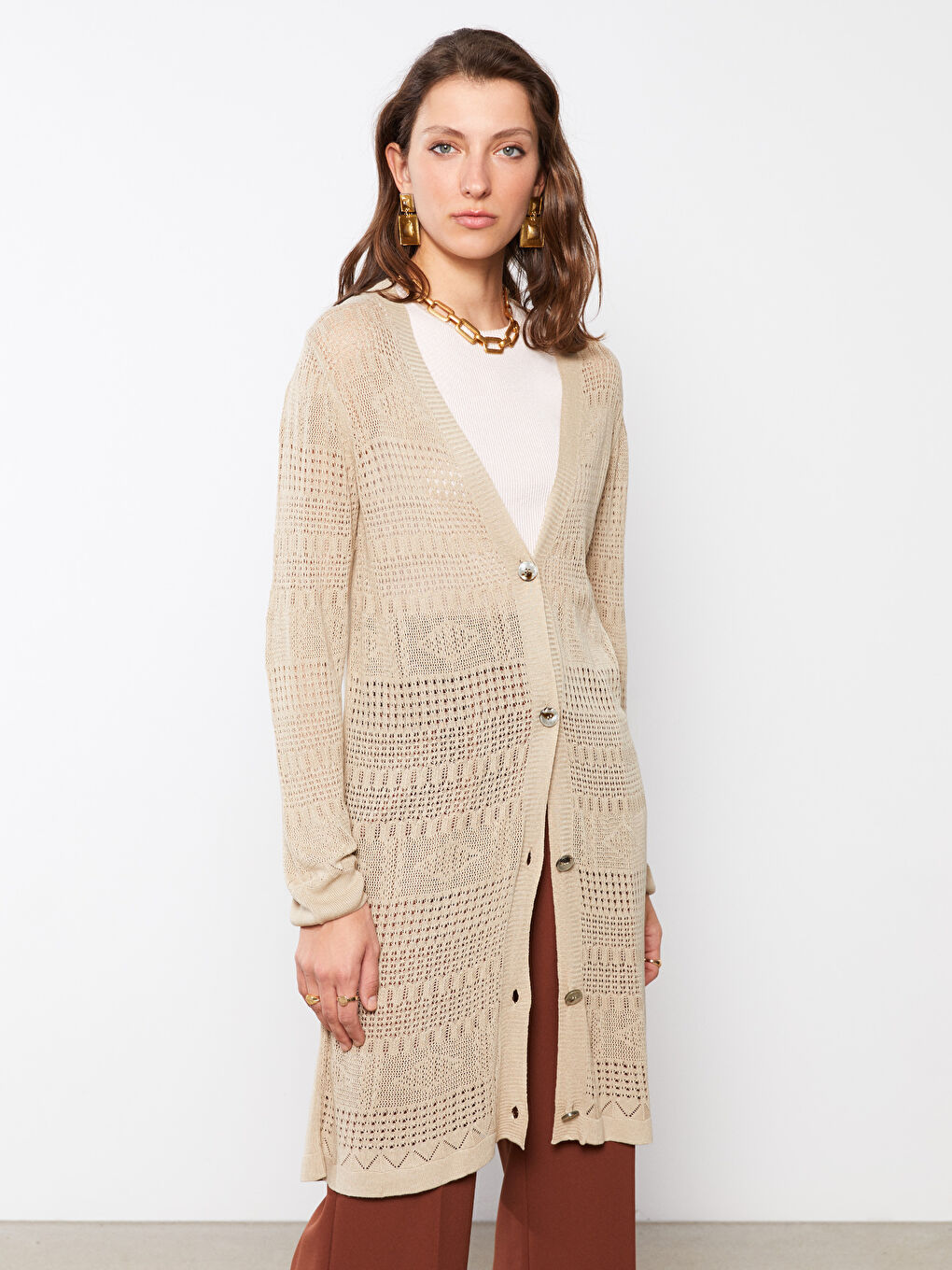 V-Neck Self Patterned Long Sleeve Women's Knitwear Cardigan-1