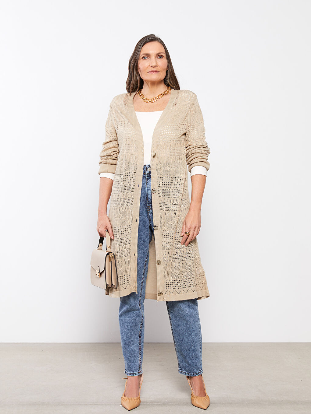 V-Neck Self Patterned Long Sleeve Women's Knitwear Cardigan