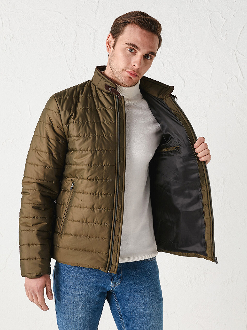 Yeşil Dik Yaka Erkek Şişme Mont-4