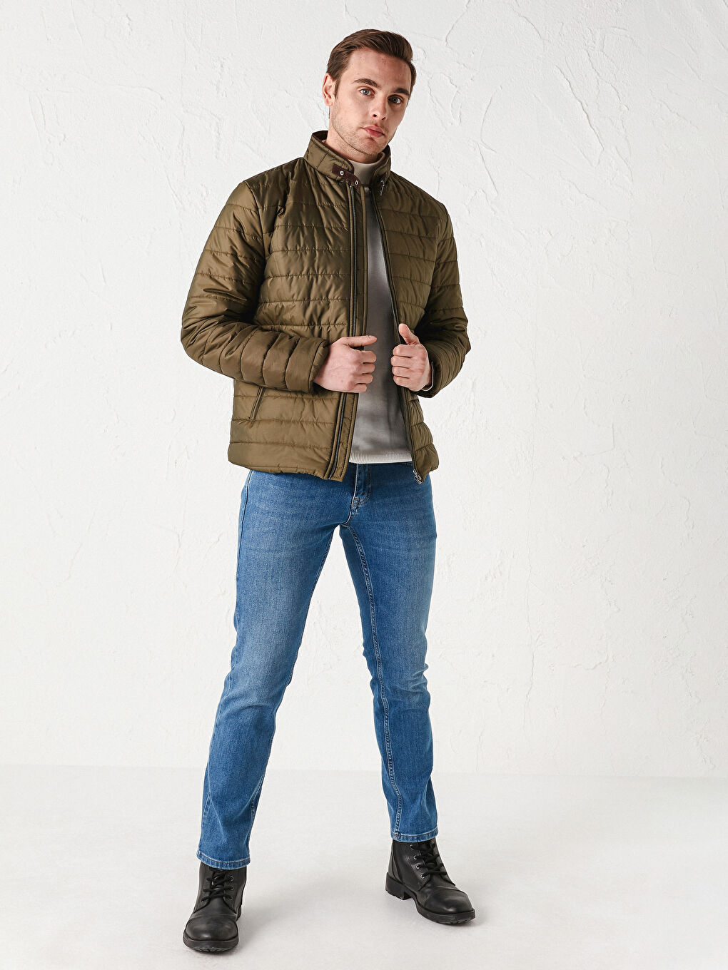 Yeşil Dik Yaka Erkek Şişme Mont-5