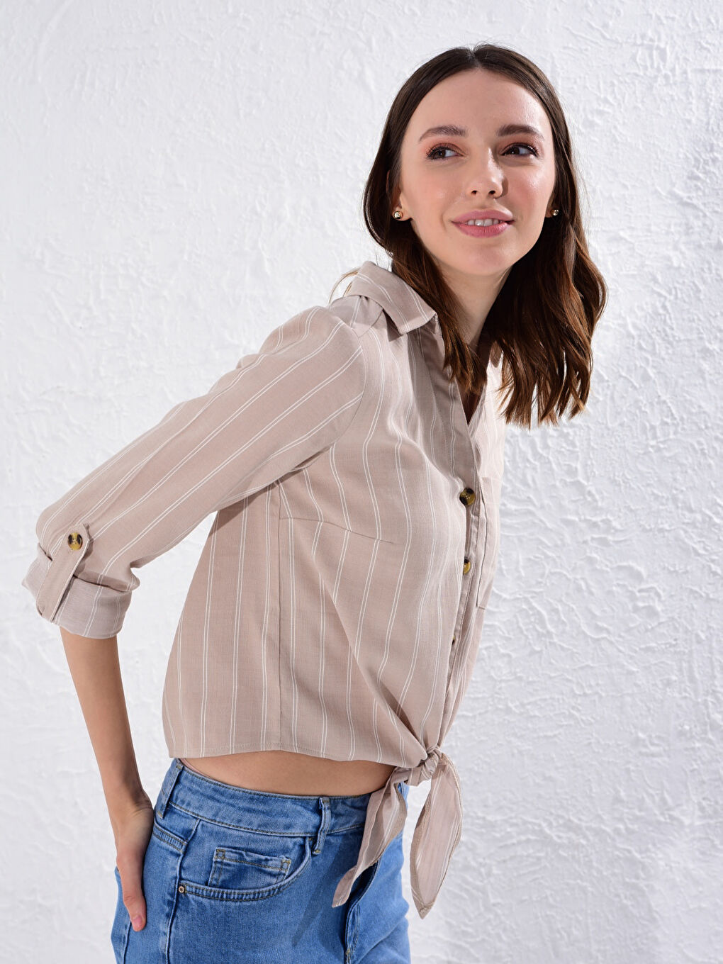 Fastening Detailed Waist Striped Poplin Shirt