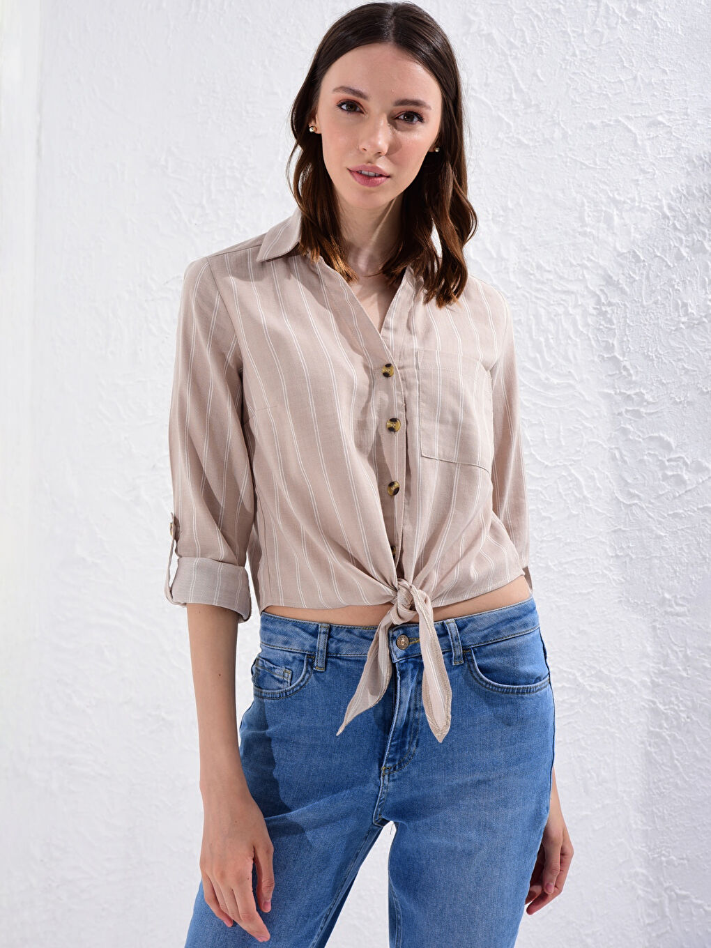 Fastening Detailed Waist Striped Poplin Shirt-1