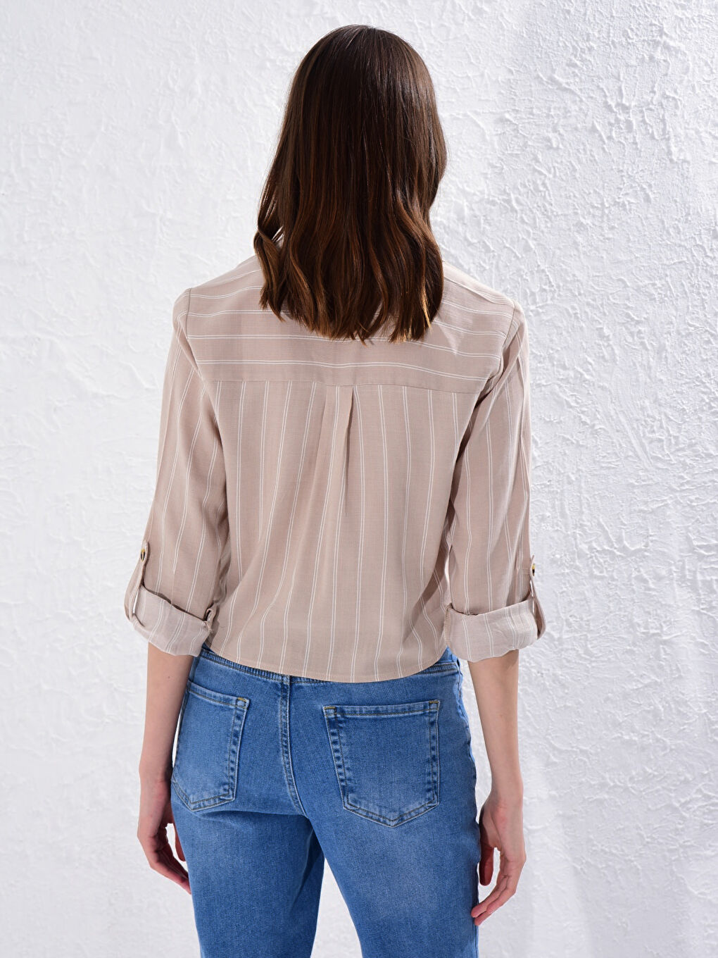 Fastening Detailed Waist Striped Poplin Shirt-3