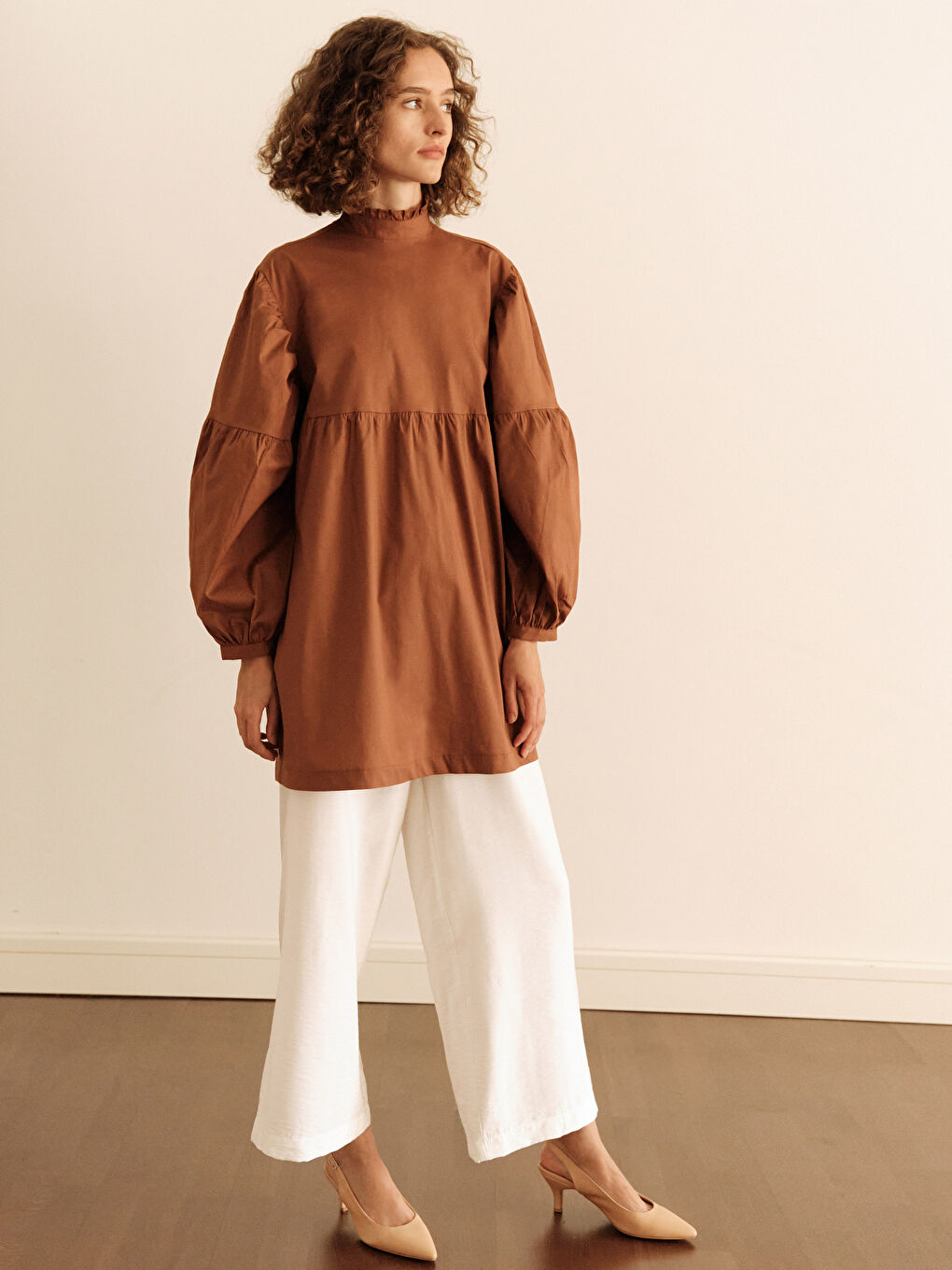 Kahverengi Düz Balon Kol Poplin Tunik-3
