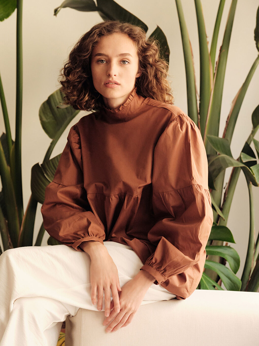 Kahverengi Düz Balon Kol Poplin Tunik