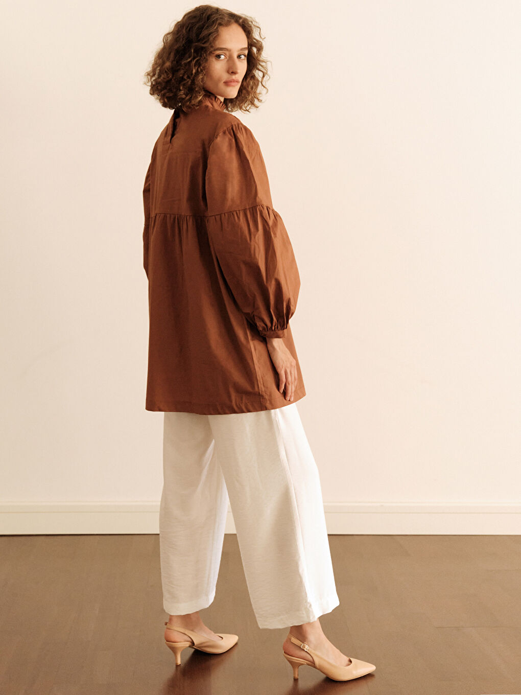 Kahverengi Düz Balon Kol Poplin Tunik-1