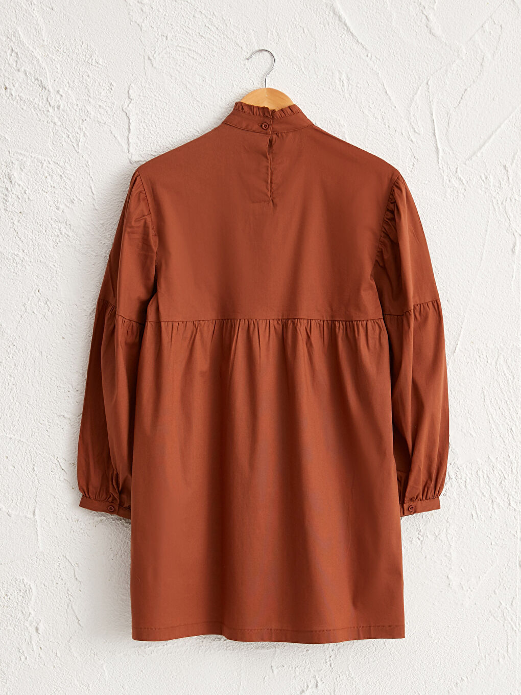 Kahverengi Düz Balon Kol Poplin Tunik-5