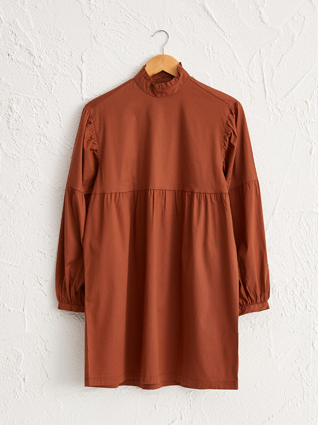 Kahverengi Düz Balon Kol Poplin Tunik-4