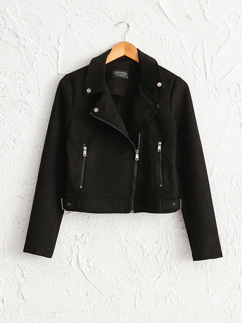 Siyah Ceket Yaka Düz Uzun Kollu Kadın Süet Görünümlü Biker Mont