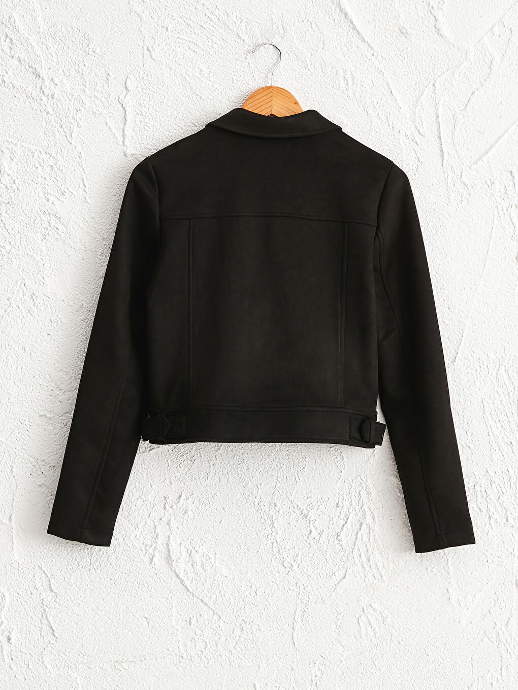 Siyah Ceket Yaka Düz Uzun Kollu Kadın Süet Görünümlü Biker Mont-2