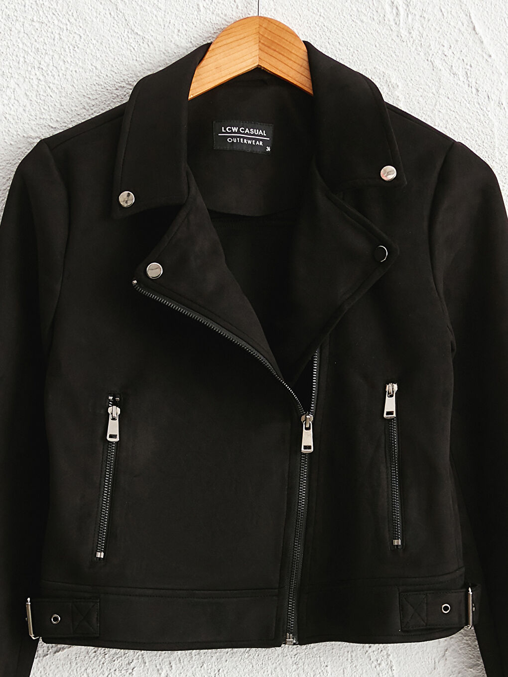 Siyah Ceket Yaka Düz Uzun Kollu Kadın Süet Görünümlü Biker Mont-3