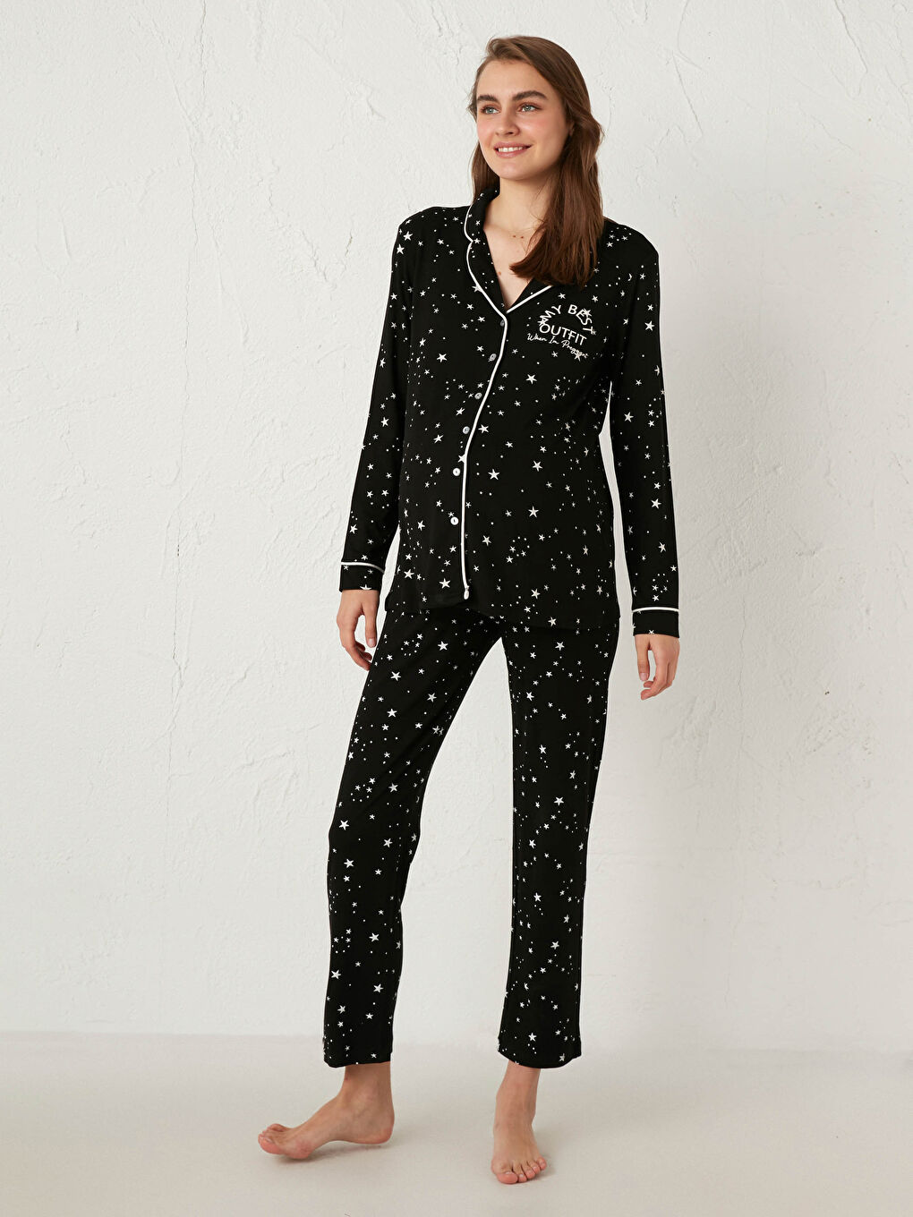 Siyah Yıldız Baskılı Esnek Hamile Pijama Takımı