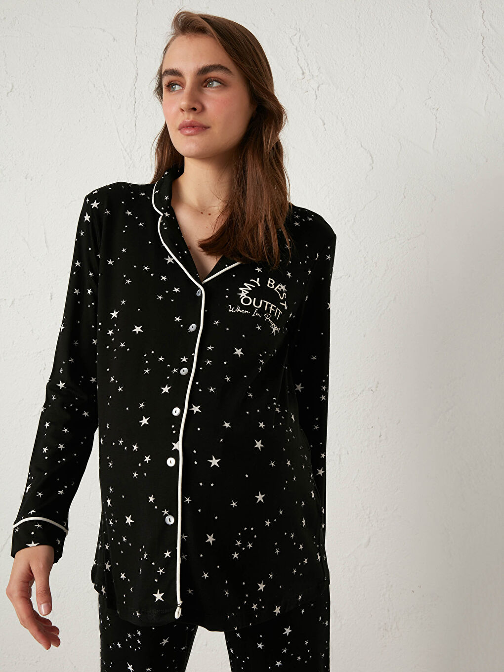 Siyah Yıldız Baskılı Esnek Hamile Pijama Takımı-1