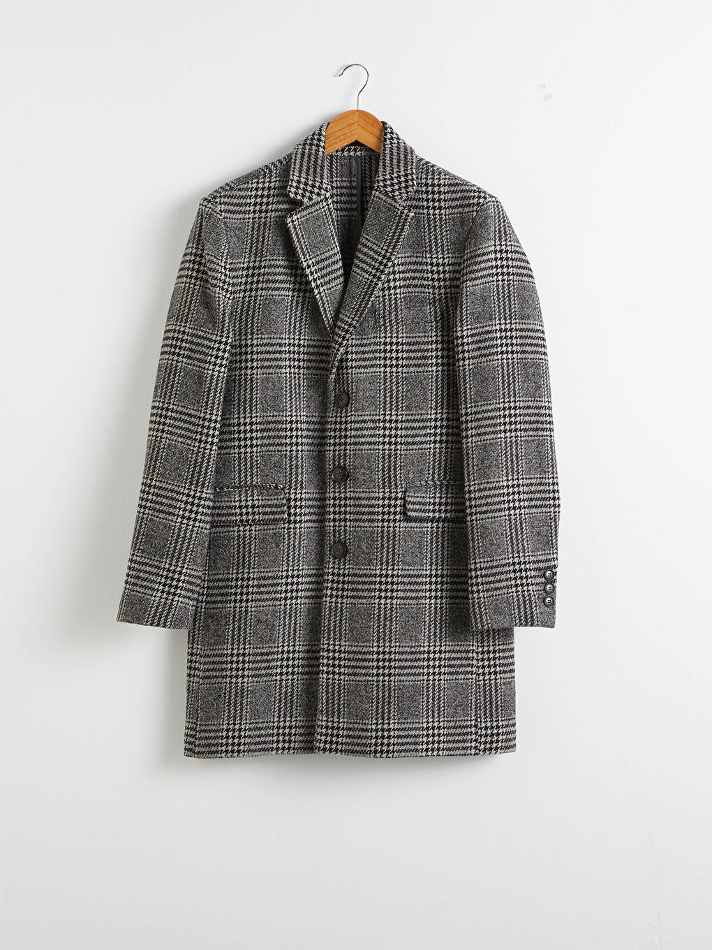 Gri Standart Kalıp Ekose Yün Karışımlı Kaşe Kaban