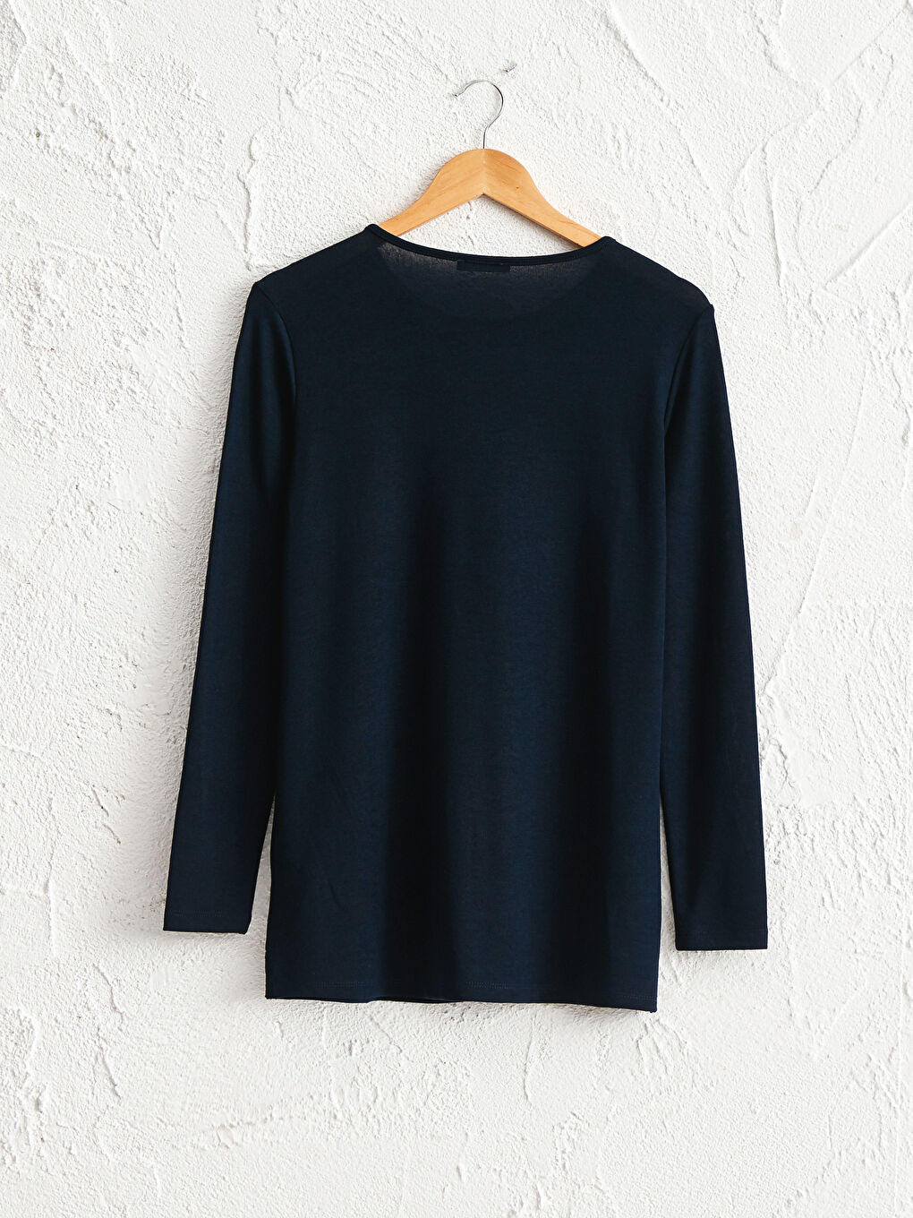 Lacivert Bisiklet Yaka Uzun Kollu Kadın Baskılı Esnek Tişört-1