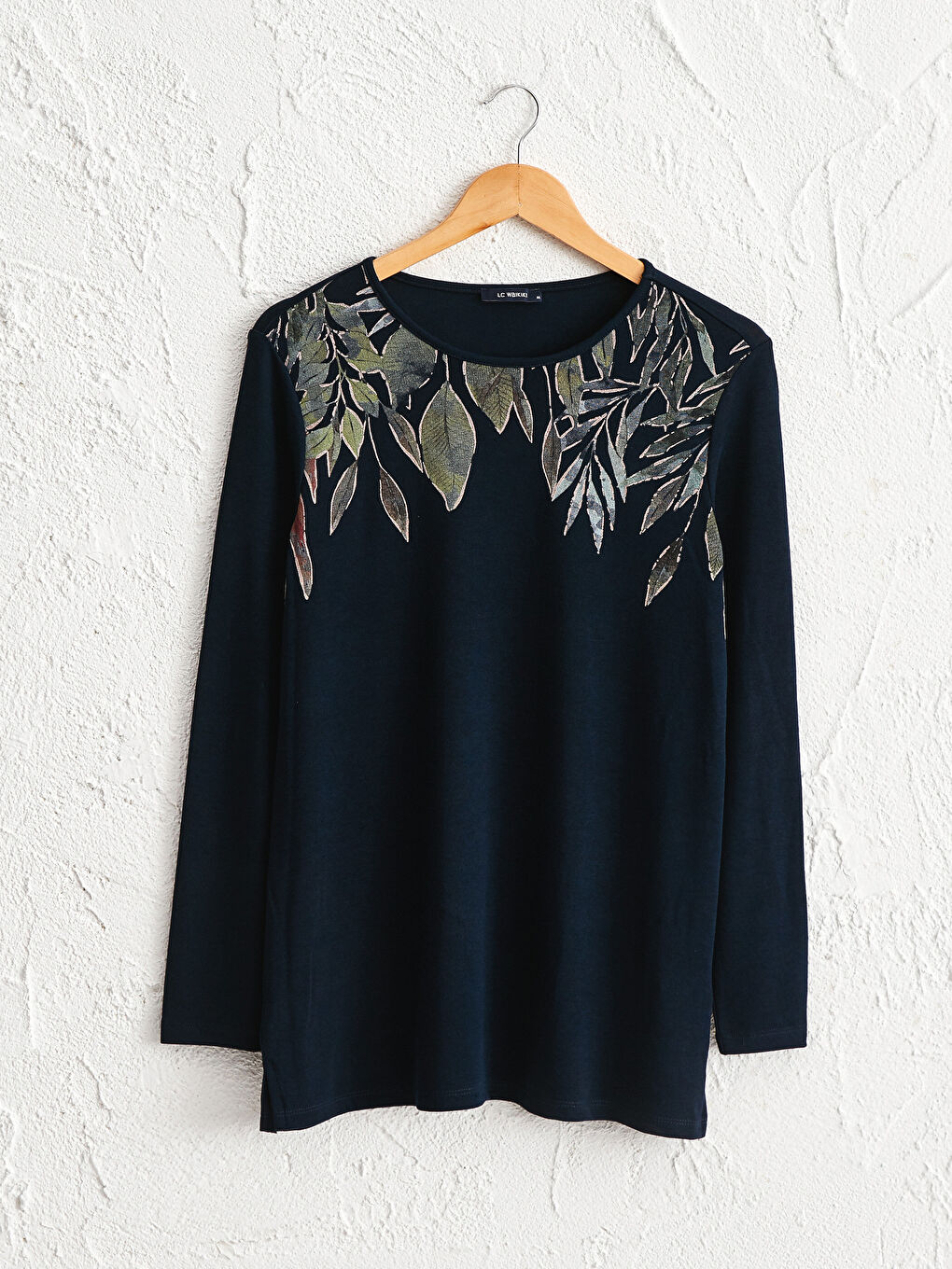 Lacivert Bisiklet Yaka Uzun Kollu Kadın Baskılı Esnek Tişört