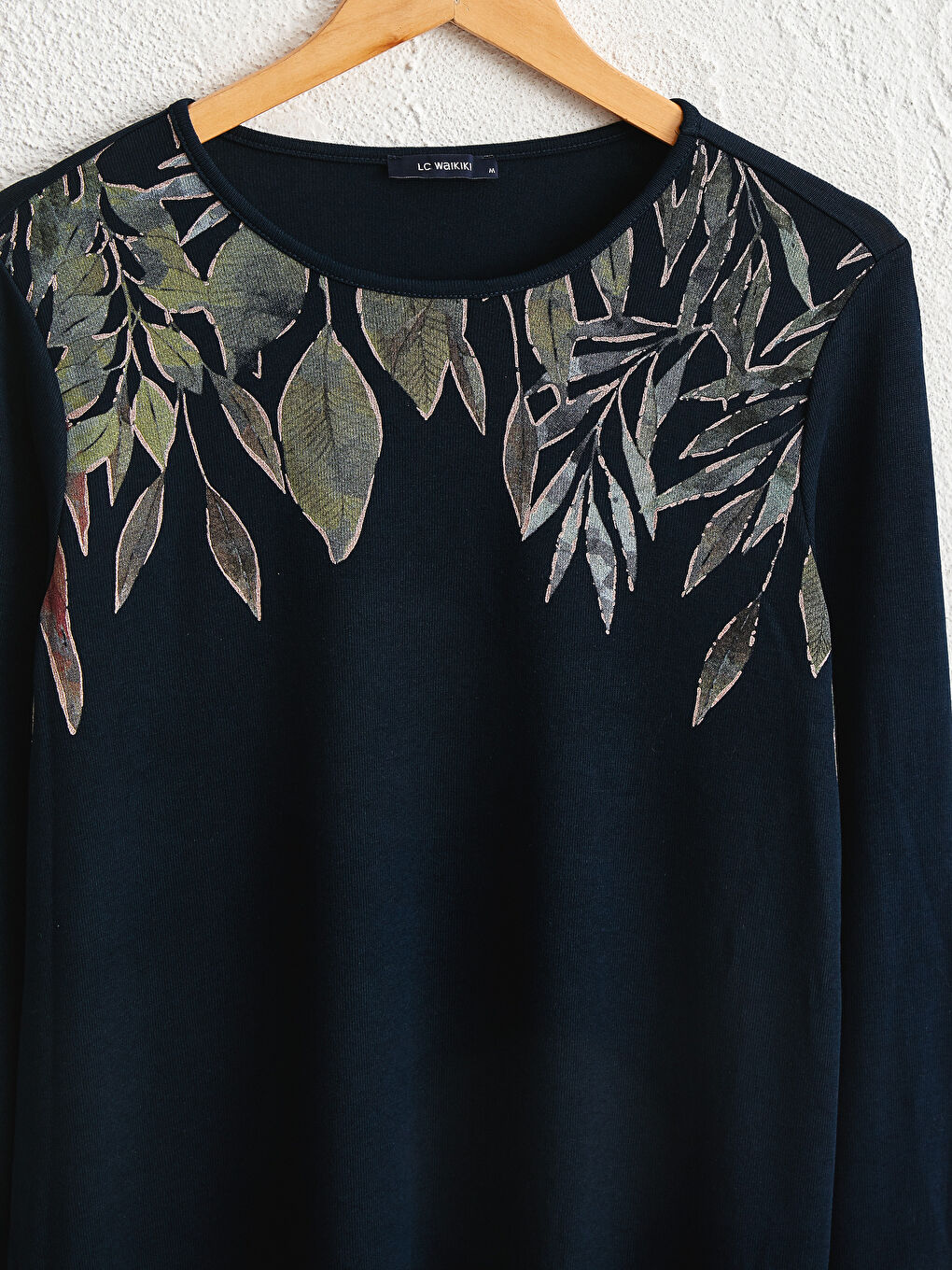 Lacivert Bisiklet Yaka Uzun Kollu Kadın Baskılı Esnek Tişört-2