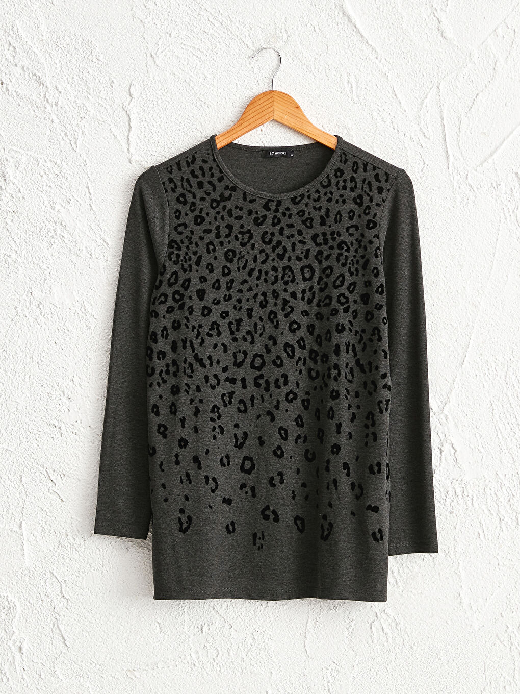 Antrasit Bisiklet Yaka Uzun Kollu Kadın Baskılı Esnek Tişört