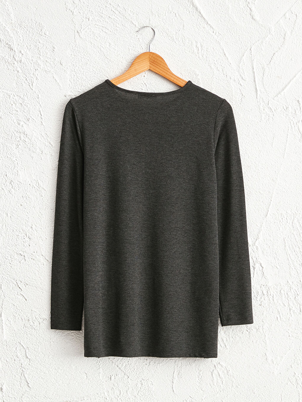 Antrasit Bisiklet Yaka Uzun Kollu Kadın Baskılı Esnek Tişört-1