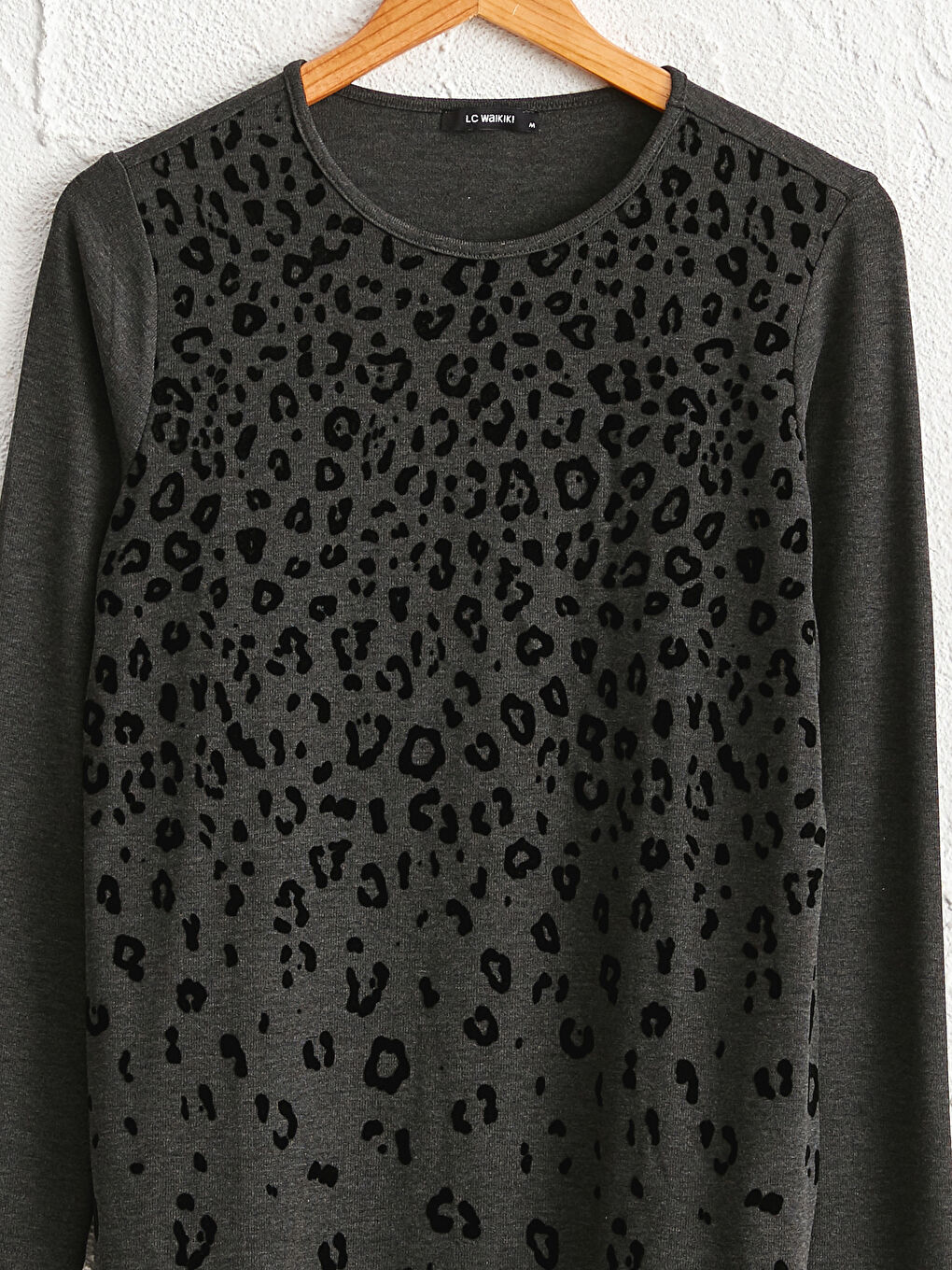 Antrasit Bisiklet Yaka Uzun Kollu Kadın Baskılı Esnek Tişört-2