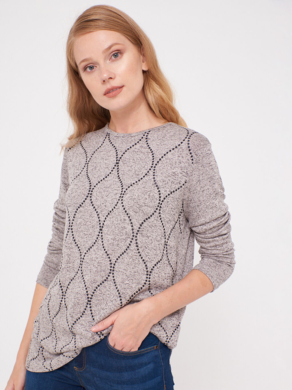 Bej Bisiklet Yaka Uzun Kollu Tişört-1