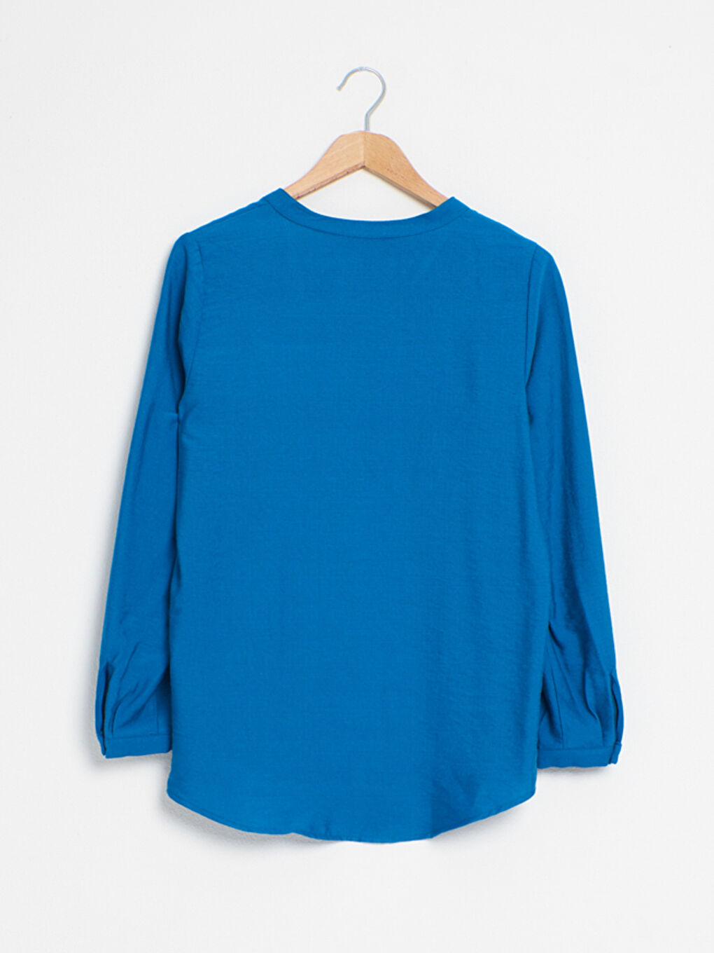 Petrol V Yaka Uzun Kollu Kadın Dokulu Kumaştan Bluz-1