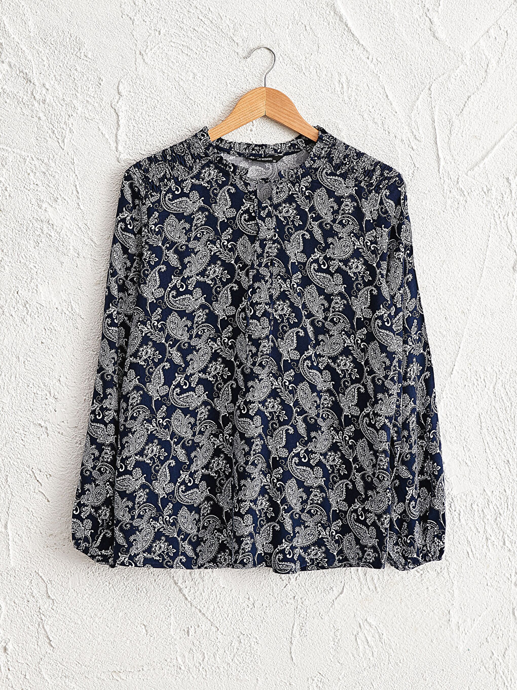 Lacivert Uzun Kollu Kadın Desenli Viskon Bluz