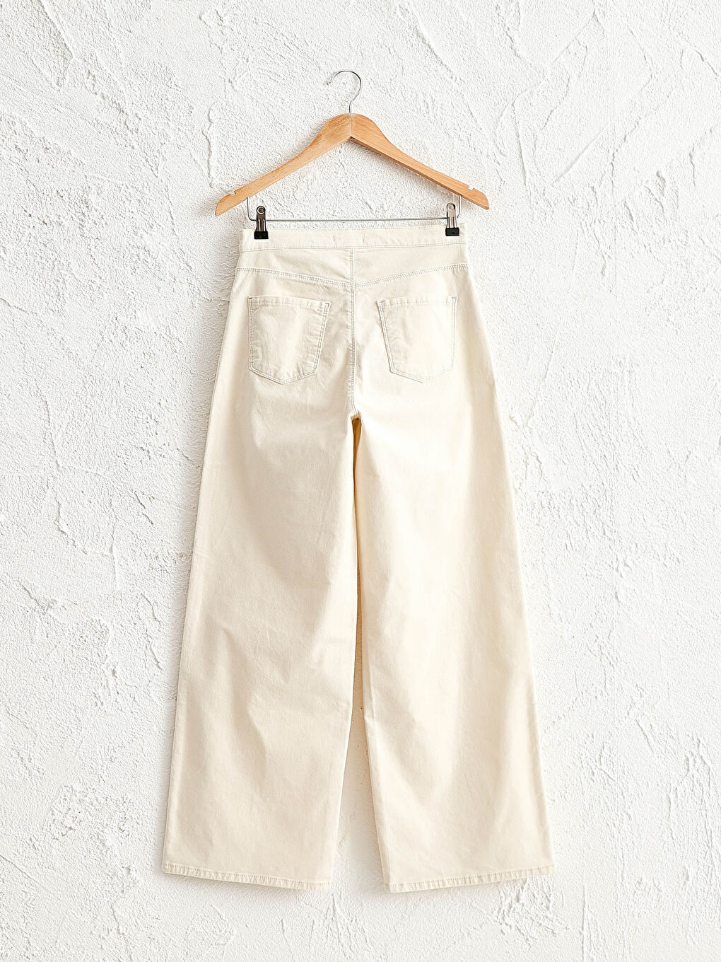 Ekru Geniş Paça Kadife Pantolon-1