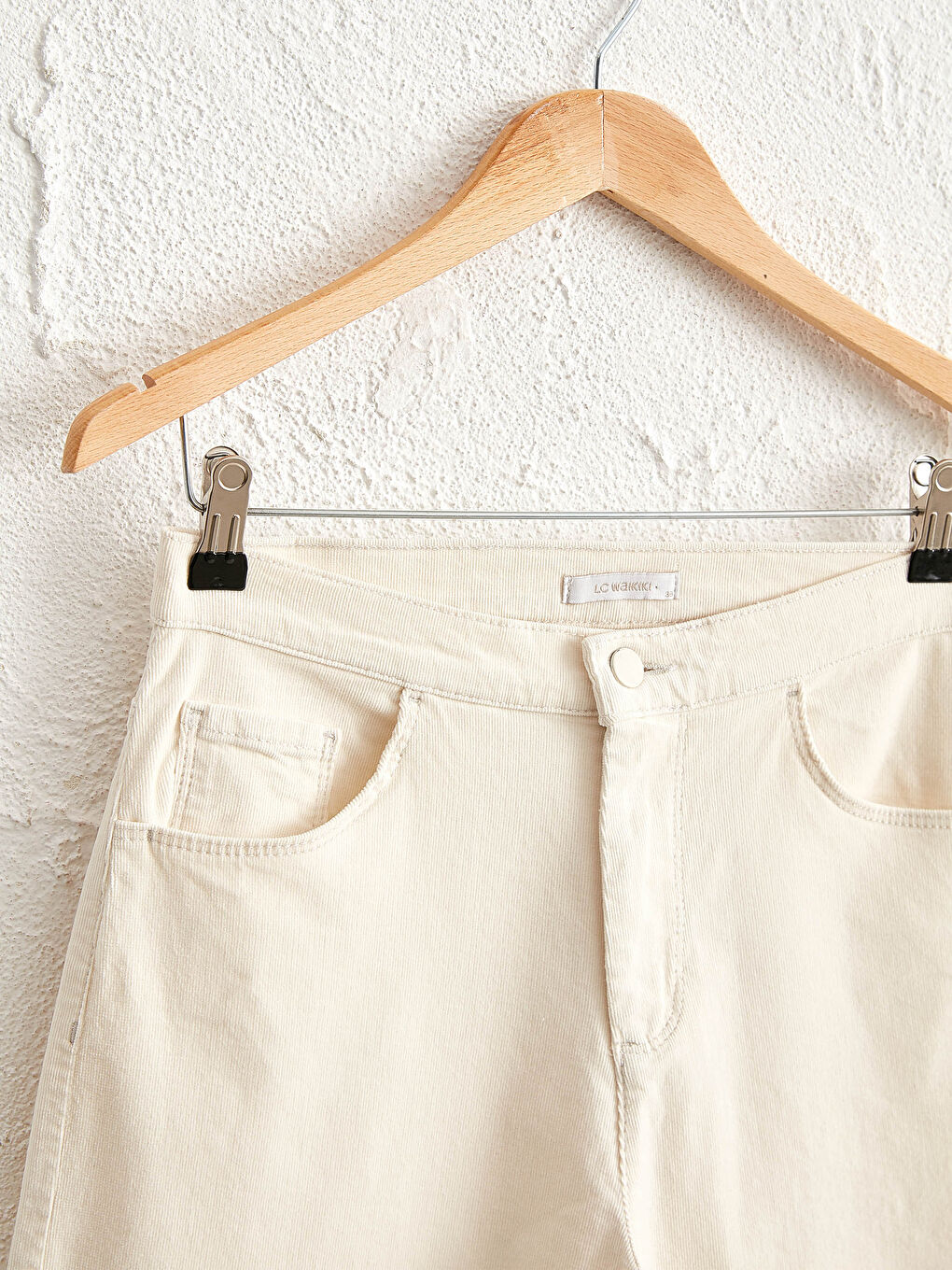 Ekru Geniş Paça Kadife Pantolon-2