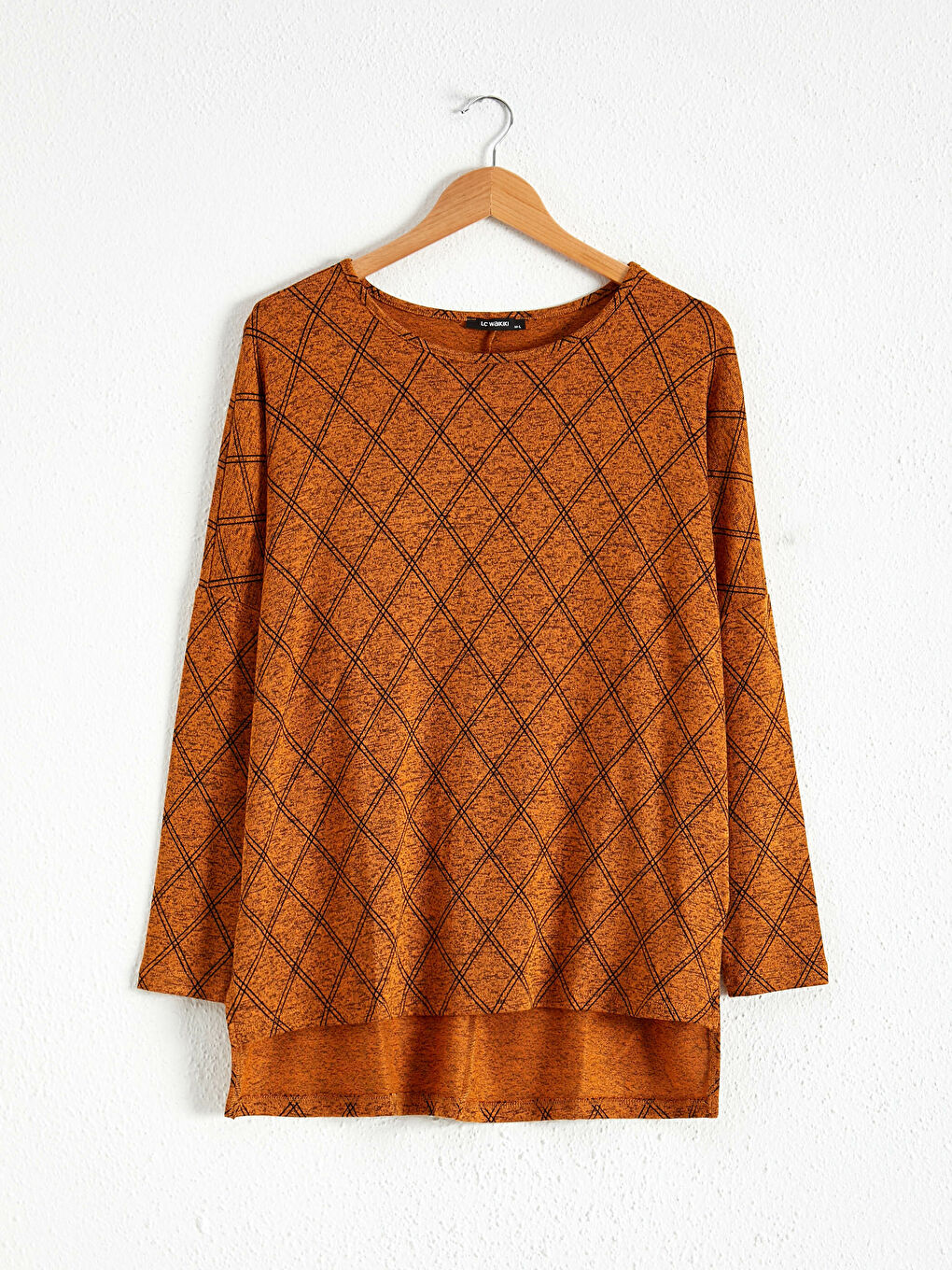 Kahverengi Uzun Kollu Triko Kadın Desenli Salaş Tişört-2