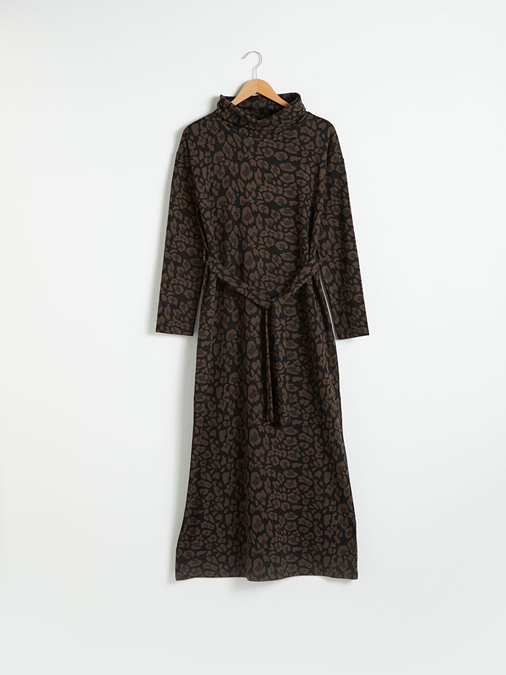 Kahverengi Leopar Desenli Uzun Salaş Elbise-5