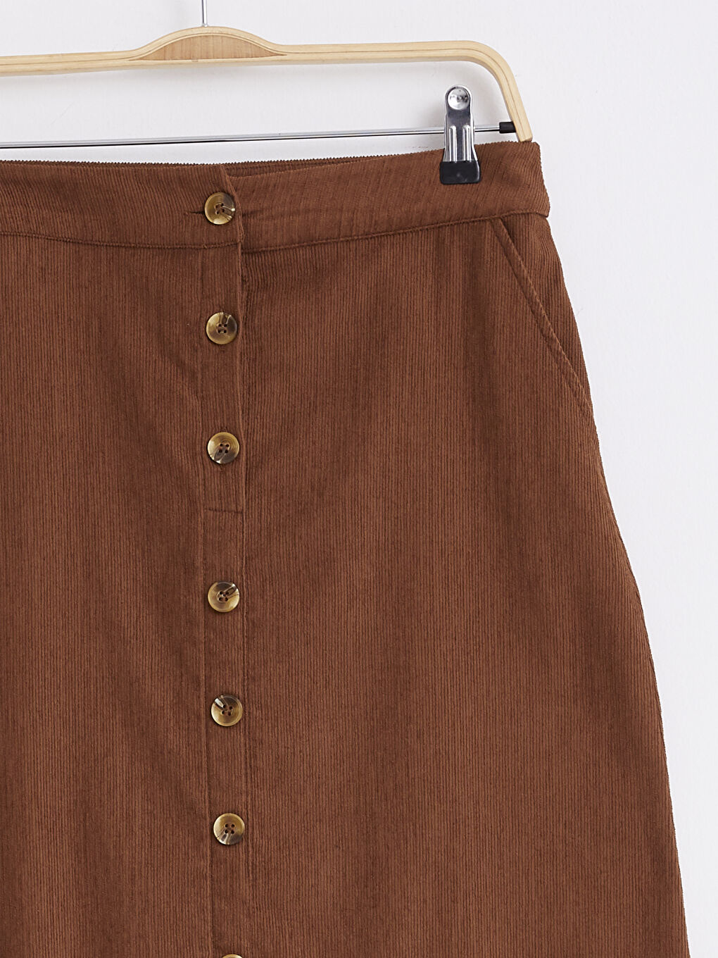 Kahverengi Önü Düğmeli Kadife Etek-2