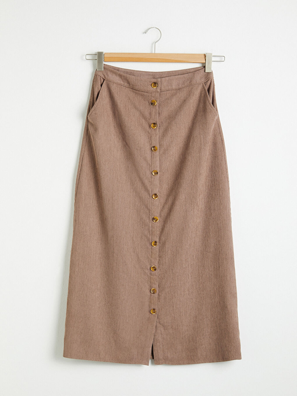 Bej Önü Düğmeli Kadife Etek-4