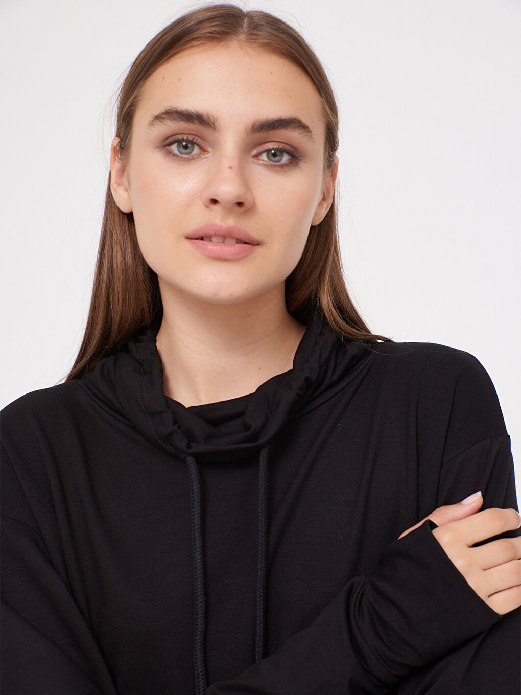 Hooded Collar Plain Sweatshirt-1