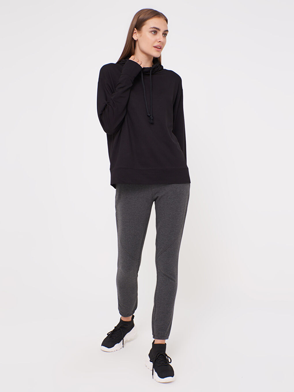 Hooded Collar Plain Sweatshirt-3