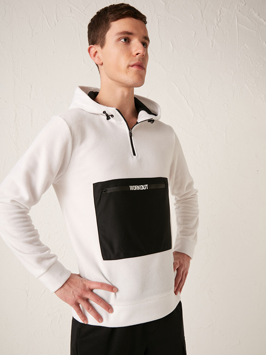Beyaz Standart Kalıp Cep Detaylı Polar Aktif Spor Hoodie