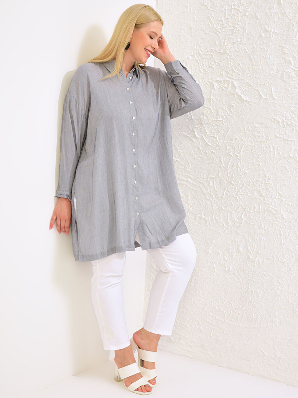 Mavi Büyük Beden Düz Uzun Kollu Kadın Gömlek Tunik-2