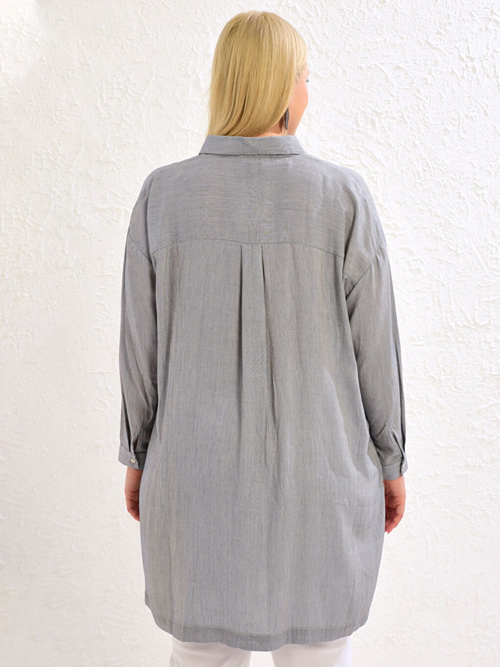 Mavi Büyük Beden Düz Uzun Kollu Kadın Gömlek Tunik-3