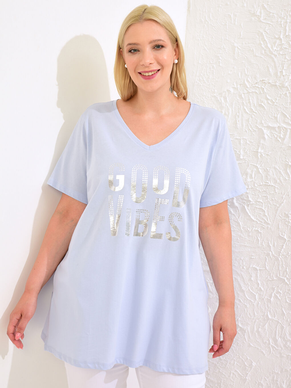 Mavi Büyük Beden Işıltılı Yazı Baskılı Tişört
