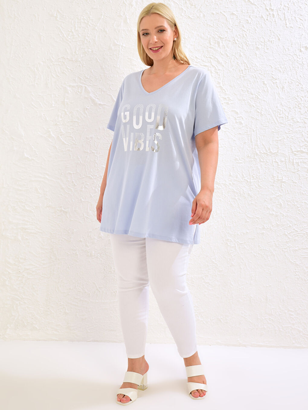 Mavi Büyük Beden Işıltılı Yazı Baskılı Tişört-1