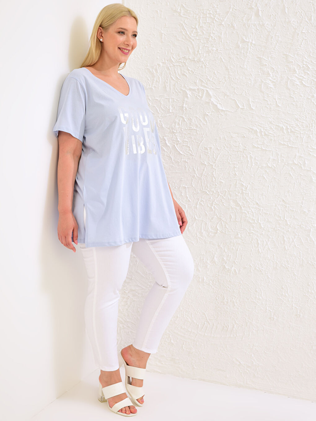 Mavi Büyük Beden Işıltılı Yazı Baskılı Tişört-2