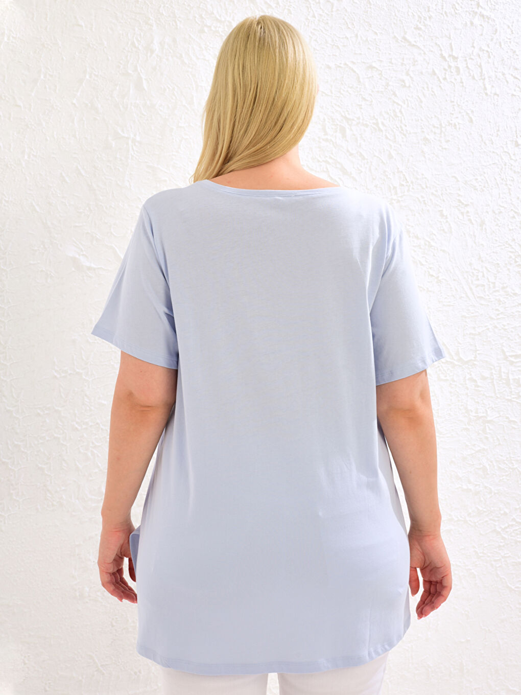 Mavi Büyük Beden Işıltılı Yazı Baskılı Tişört-3