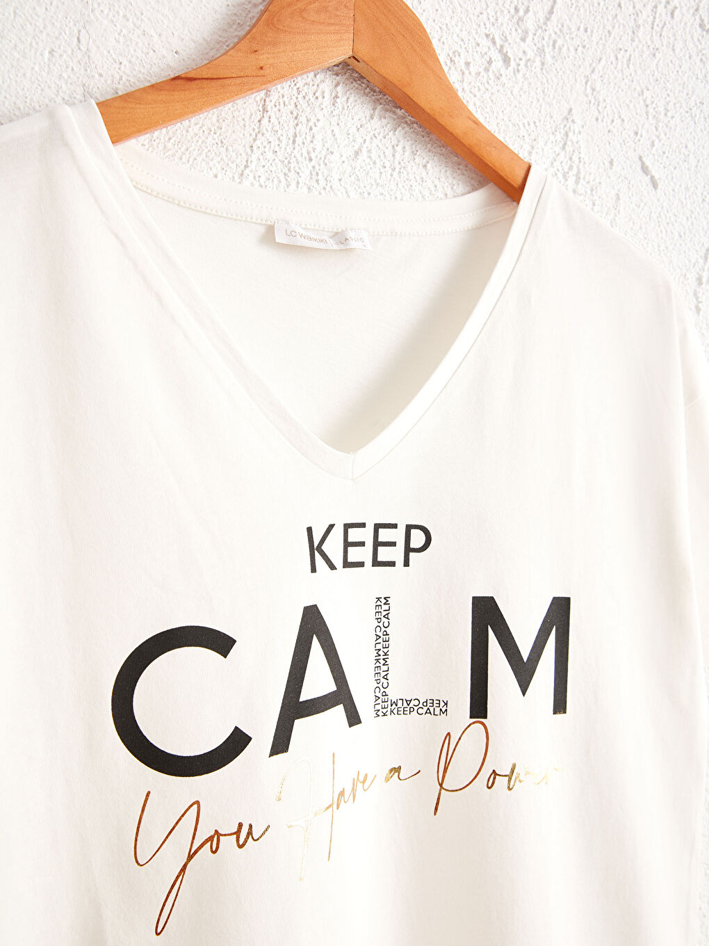 Ekru Yazı Baskılı Pamuklu Tişört-2