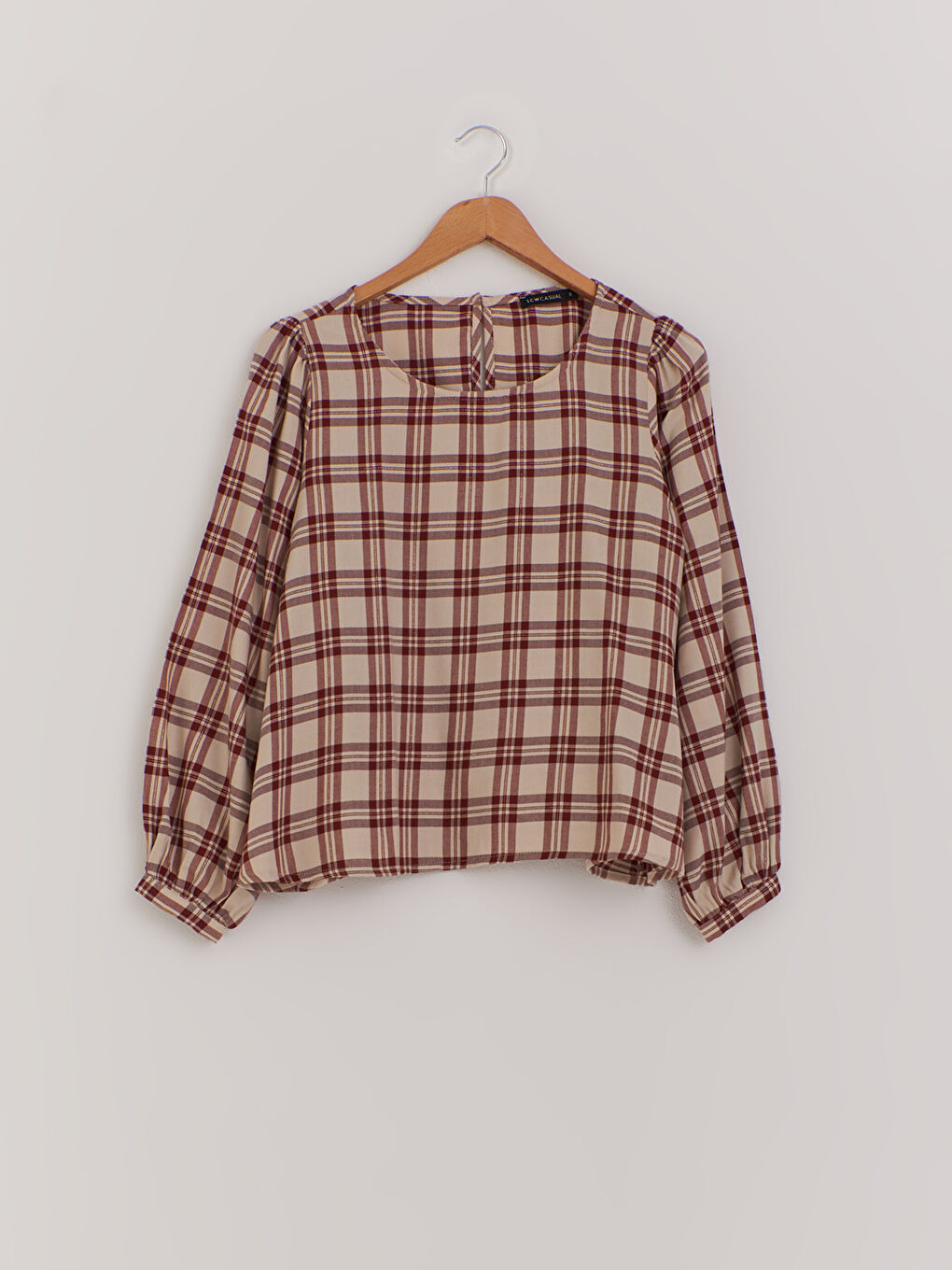 Crew Neck Long Sleeve Gabardine Women Sparkly Plaid Blouse