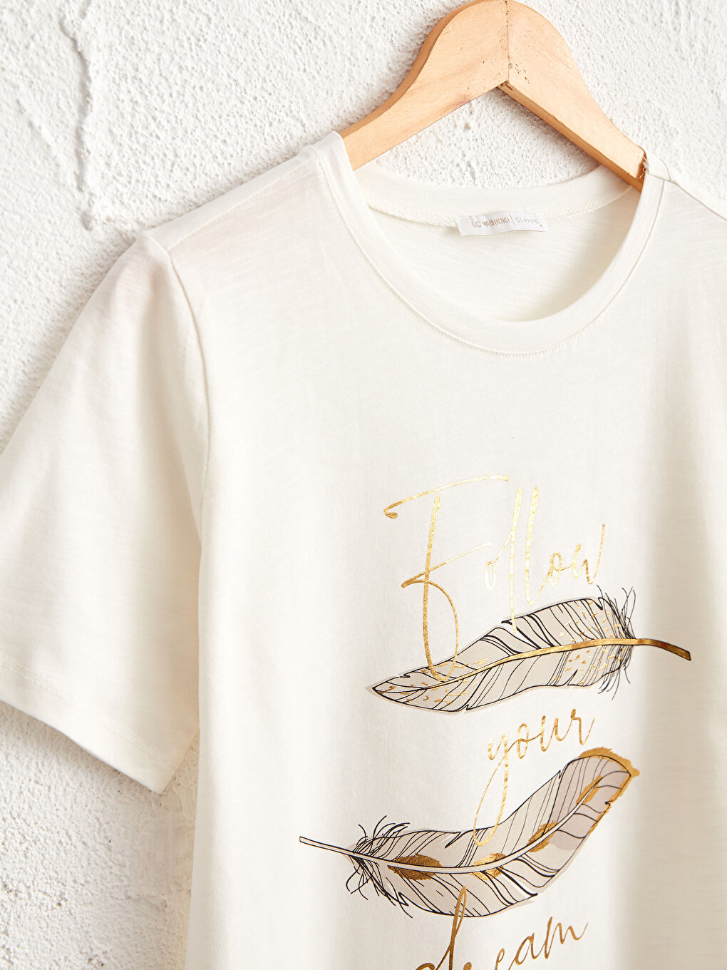 Ekru Baskılı Pamuklu Tişört-1