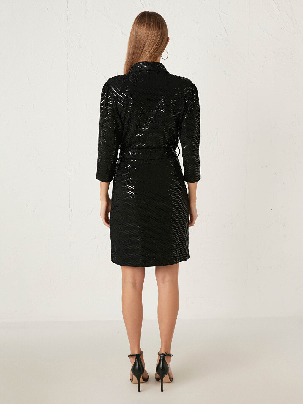 Doppelreiher-Kragen Funkelndes Gürtelkleid-5