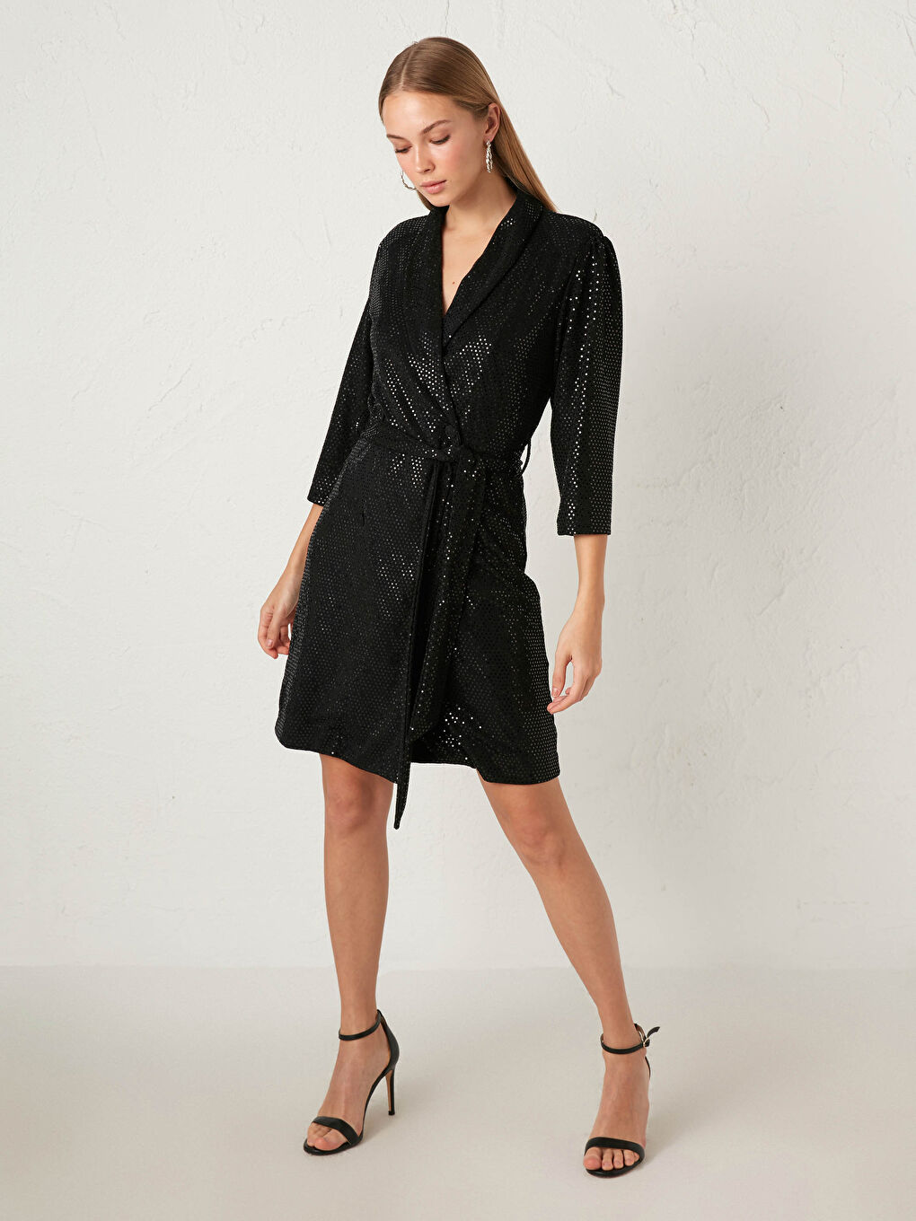 Doppelreiher-Kragen Funkelndes Gürtelkleid-1