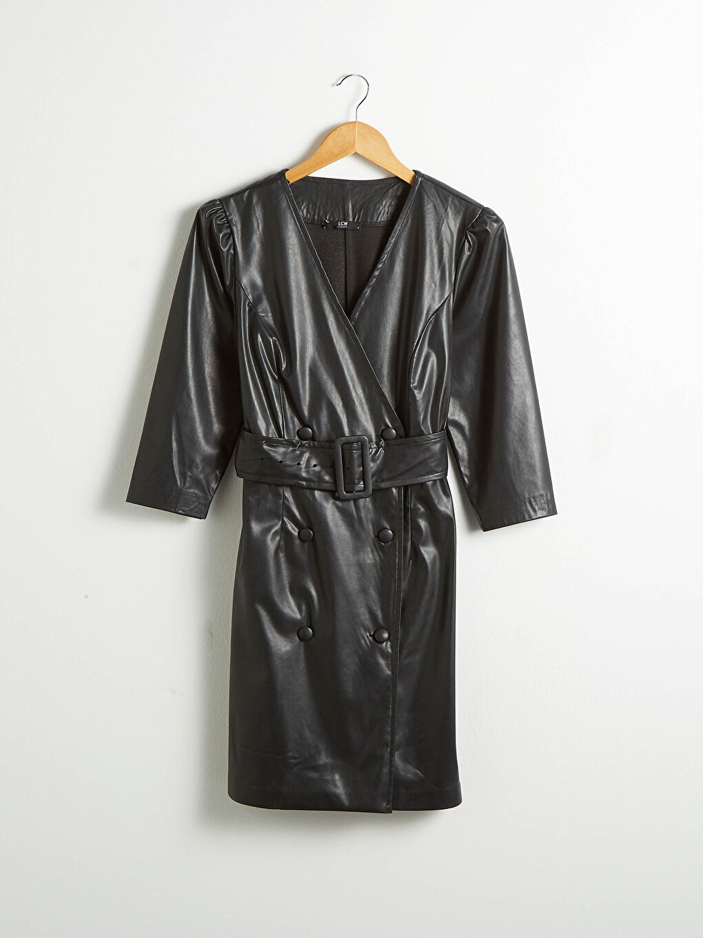 Siyah Kruvaze Yaka Deri Görünümlü Kemerli Elbise-6