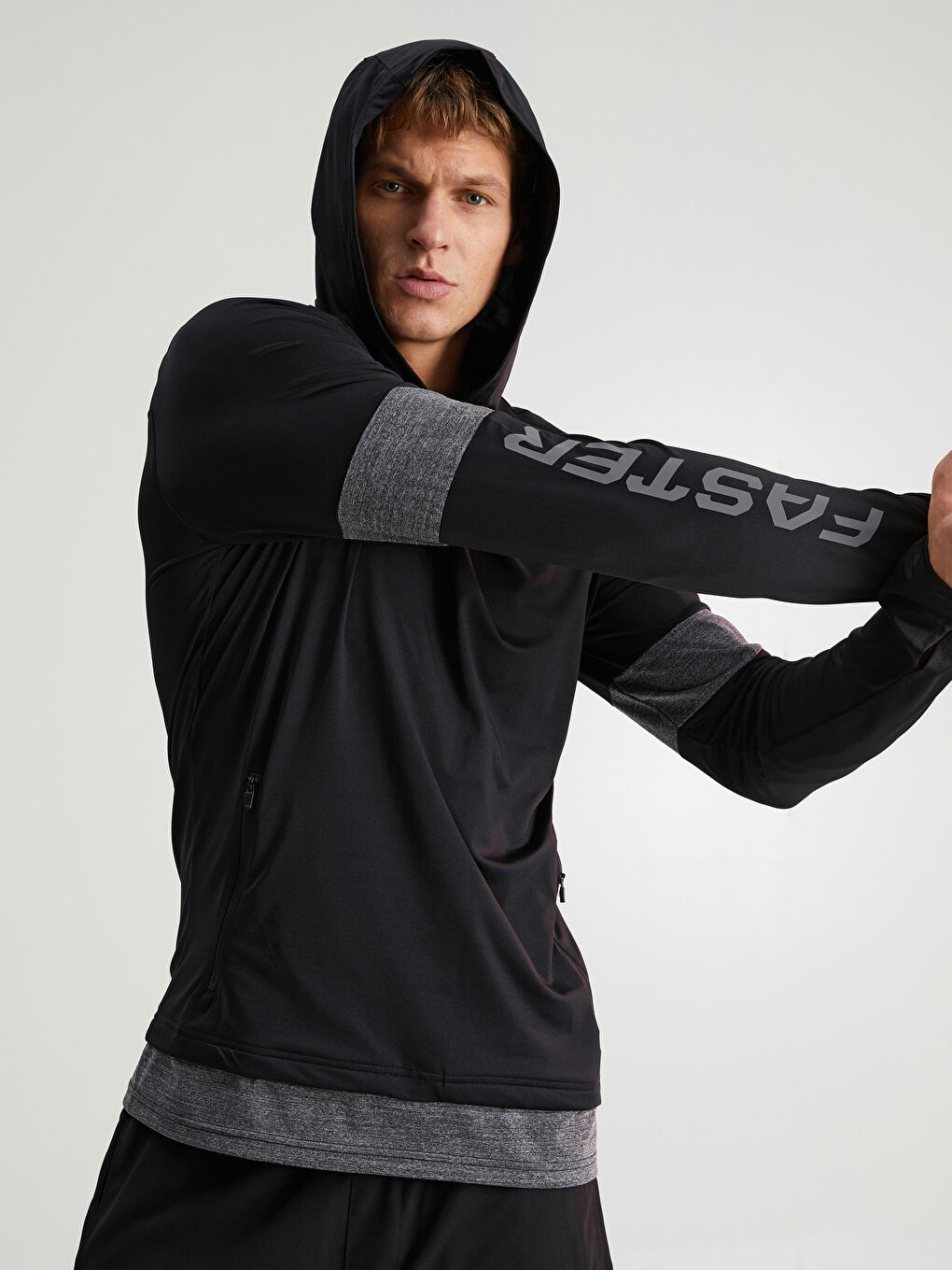Siyah Uzun Kollu Baskılı Aktif Spor Erkek Hoodie